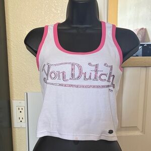 Von Dutch White and Pink Graphic Crop Tank Top